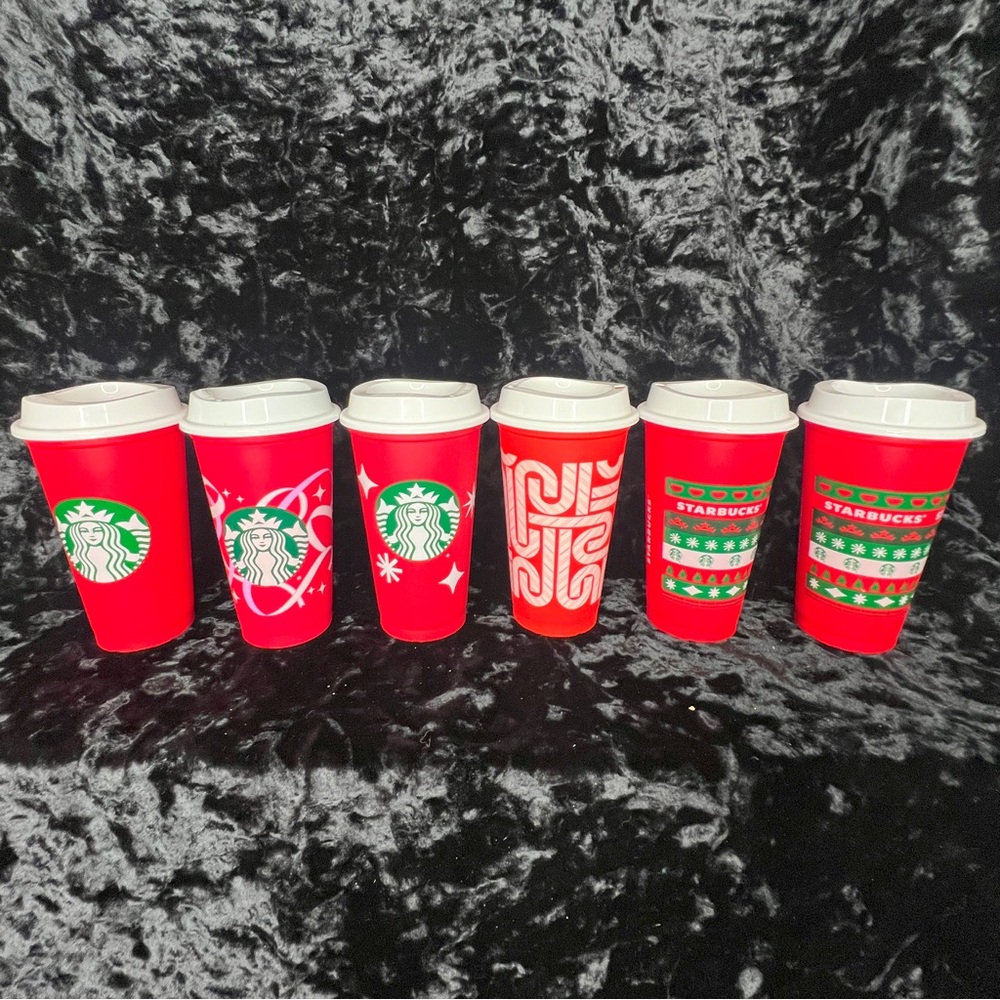 Starbucks Christmas Reusable Cups 2013 Lot 6 Holiday Tumblers 16oz Red Cups Lids